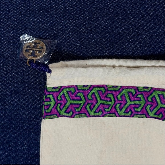 Authentic Tory Burch Dust Bag Canvas Drawstring Purple Green Trim 14x18 - Picture 7 of 8